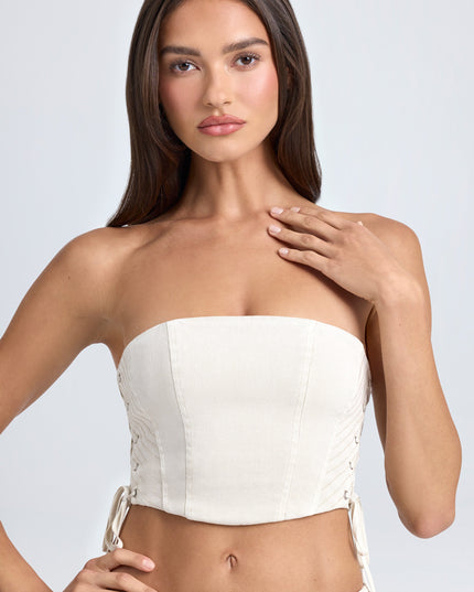 Ecru Bandeau Lace-Up Corset Crop Top