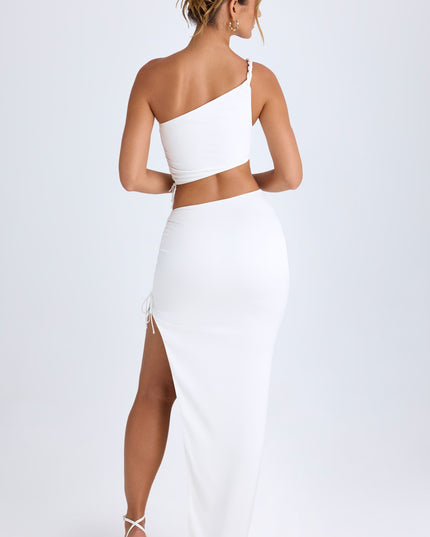 White Ruched Asymmetric-Waist Maxi Skirt