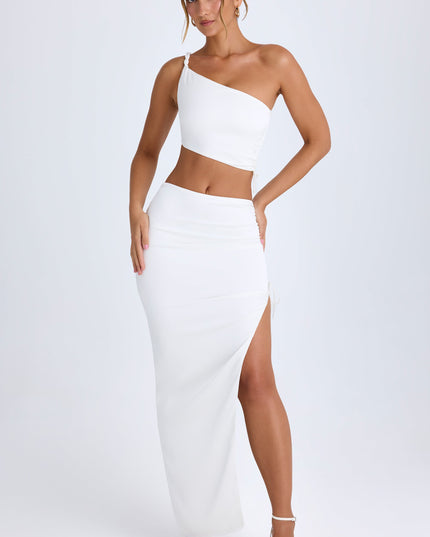 White Ruched Asymmetric-Waist Maxi Skirt