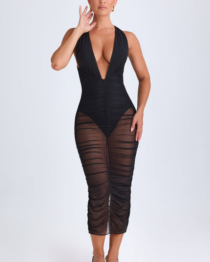 Black Ruched Plunge Midaxi Dress