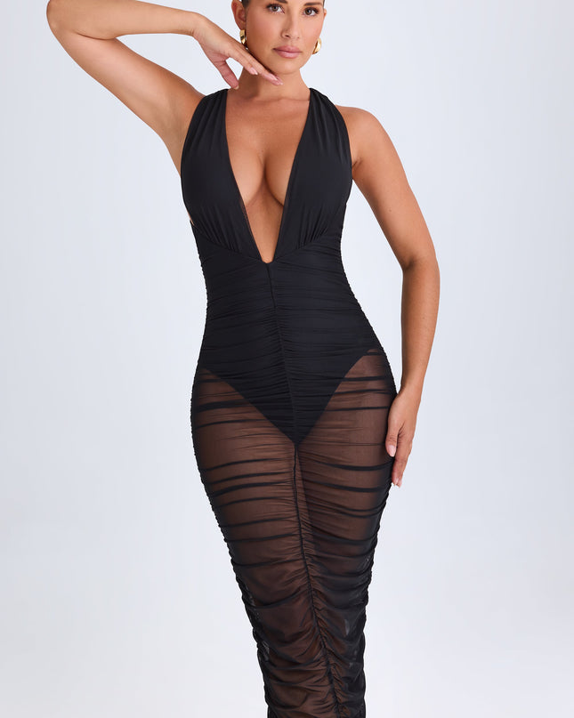 Black Ruched Plunge Midaxi Dress