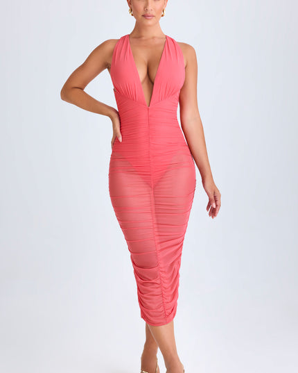 Coral Ruched Plunge Midaxi Dress