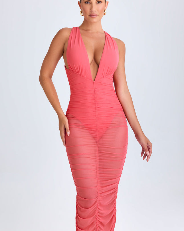 Coral Ruched Plunge Midaxi Dress
