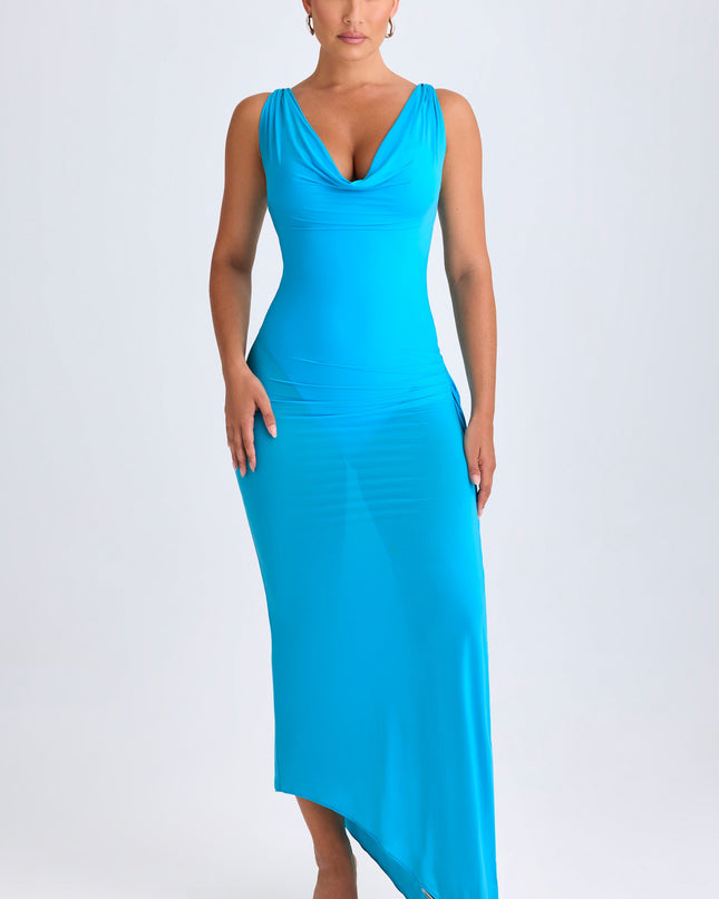 Aqua Blue Ruffle-Trim Cowl-Neck Midaxi Dress