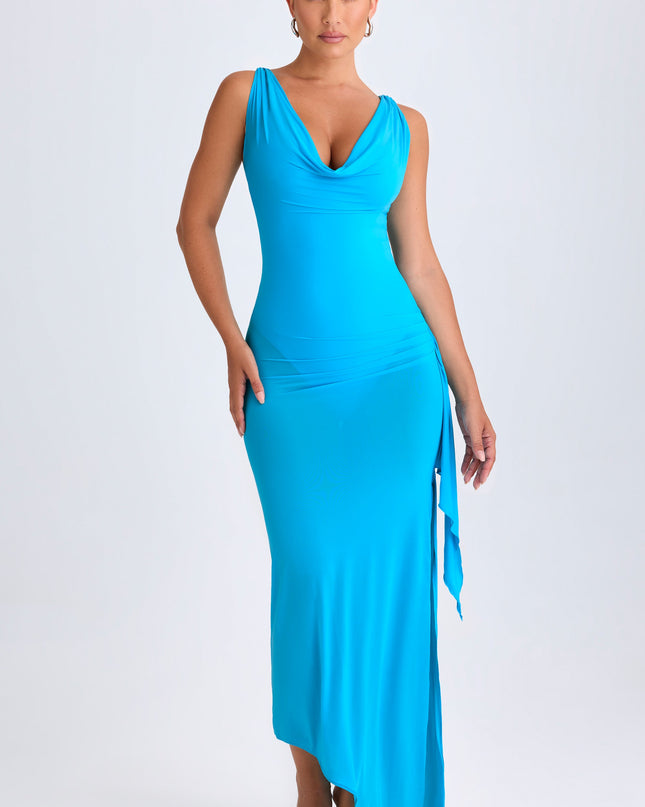 Aqua Blue Ruffle-Trim Cowl-Neck Midaxi Dress