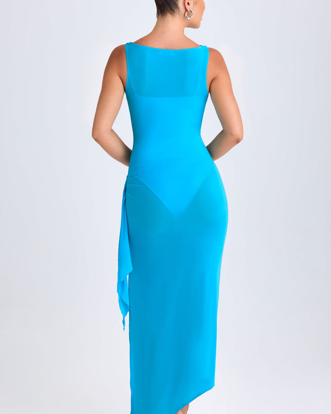 Aqua Blue Ruffle-Trim Cowl-Neck Midaxi Dress