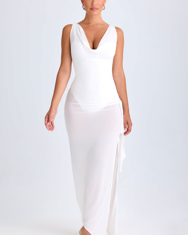 White Ruffle-Trim Cowl-Neck Midaxi Dress