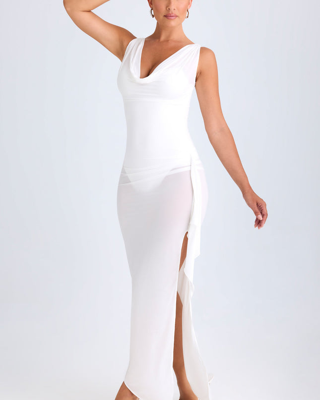 White Ruffle-Trim Cowl-Neck Midaxi Dress