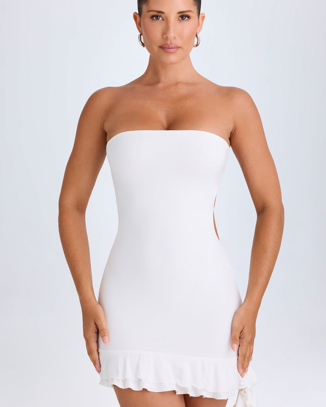 White Ruffle-Trim Cut-Out Bandeau Mini Dress
