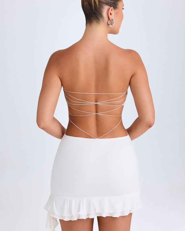 White Ruffle-Trim Cut-Out Bandeau Mini Dress