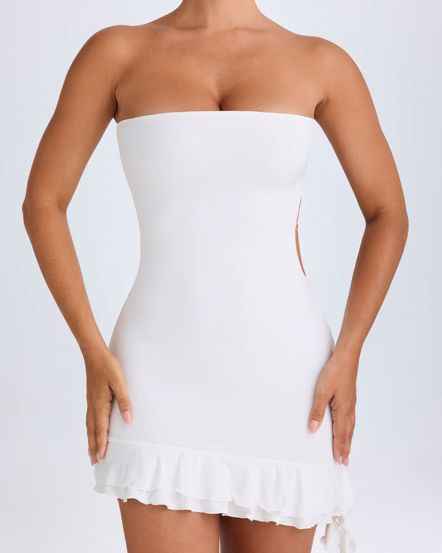 White Ruffle-Trim Cut-Out Bandeau Mini Dress