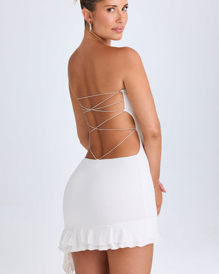 White Ruffle-Trim Cut-Out Bandeau Mini Dress
