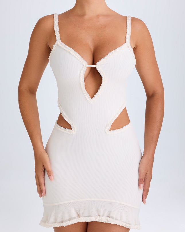 White Ruffle-Appliqué Cut-Out Mini Dress