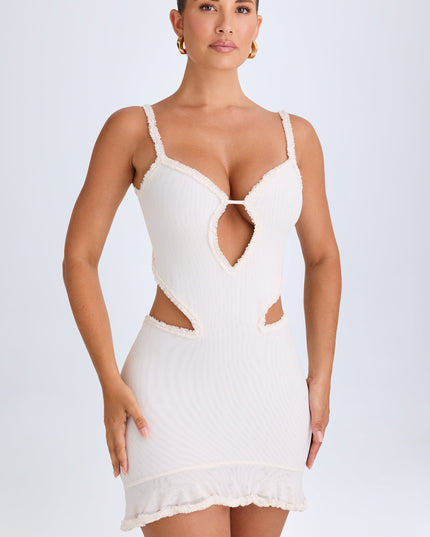 White Ruffle-Appliqué Cut-Out Mini Dress