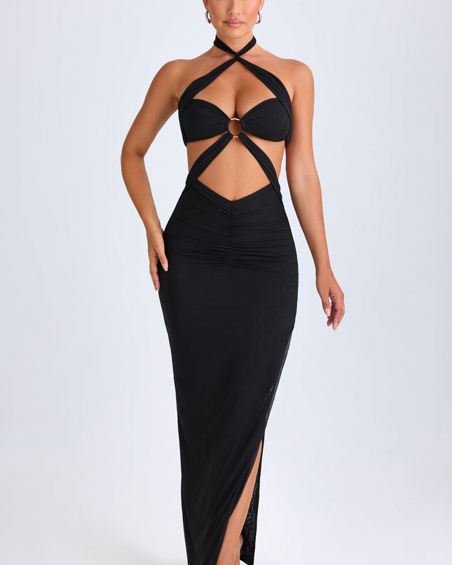 Black Hardware Detail Cut-Out Halterneck Maxi Dress