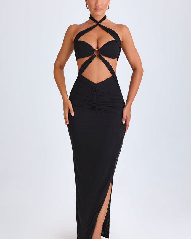 Black Hardware Detail Cut-Out Halterneck Maxi Dress
