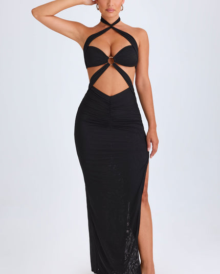 Black Hardware Detail Cut-Out Halterneck Maxi Dress
