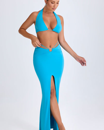 Aqua Blue Hardware-Detail Mid-Rise Maxi Skirt