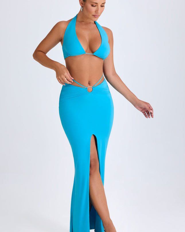 Aqua Blue Hardware-Detail Mid-Rise Maxi Skirt