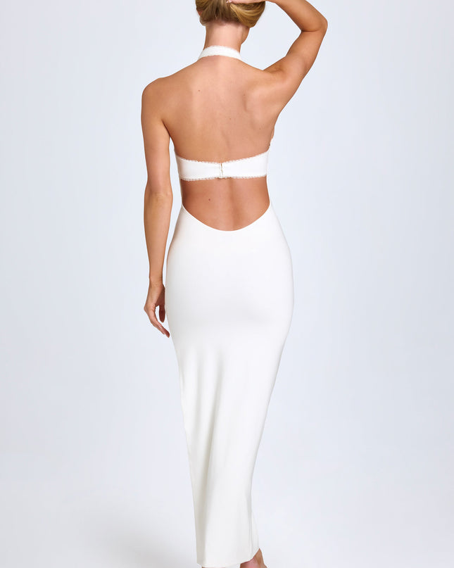 White Modal Lace-Trim Halterneck Maxi Dress