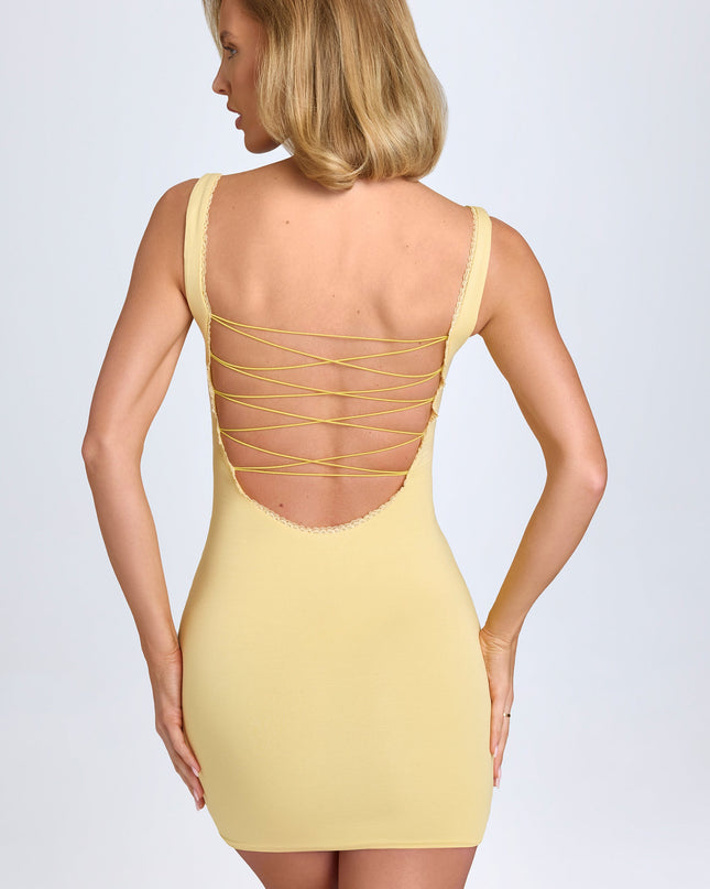 Pastel Yellow Modal Lace-Trim Bodycon Mini Dress