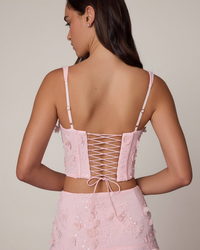 Soft Pink Embellished Lace-Up Corset Top