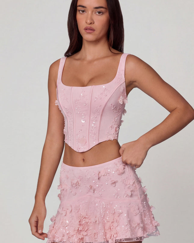 Soft Pink Embellished Lace-Up Corset Top