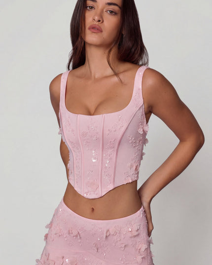 Soft Pink Embellished Lace-Up Corset Top
