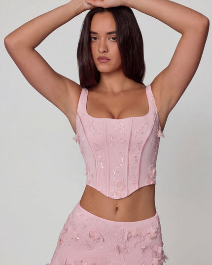 Soft Pink Embellished Lace-Up Corset Top