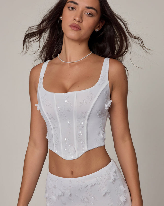 White Embellished Lace-Up Corset Top