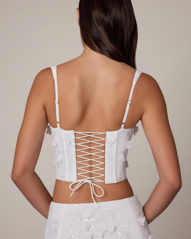 White Embellished Lace-Up Corset Top