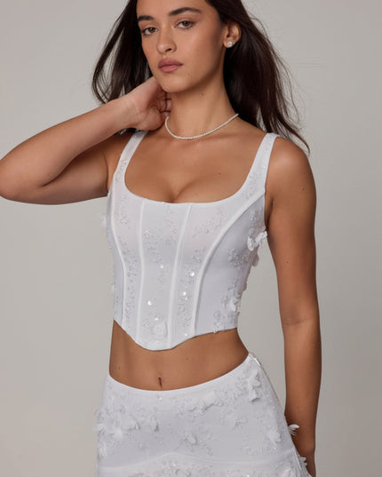 White Embellished Lace-Up Corset Top