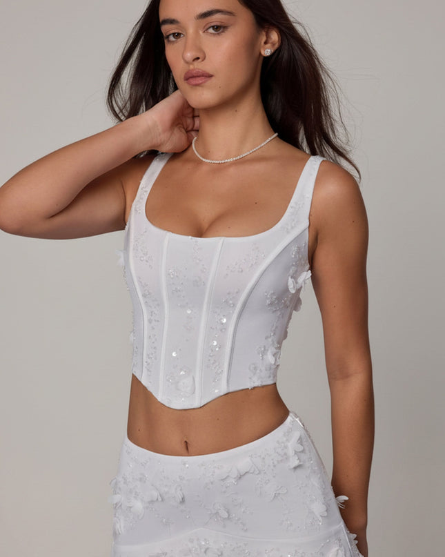 White Embellished Lace-Up Corset Top