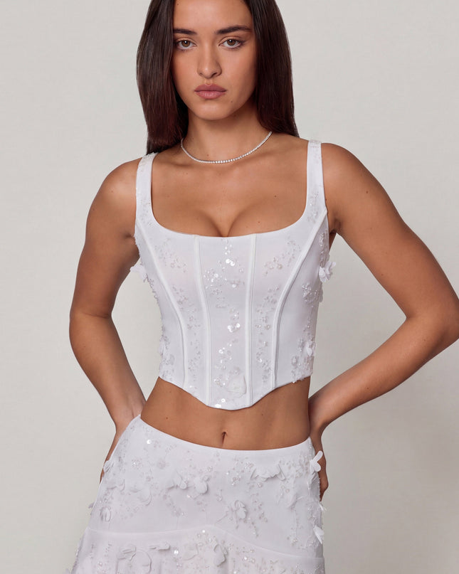 White Embellished Lace-Up Corset Top