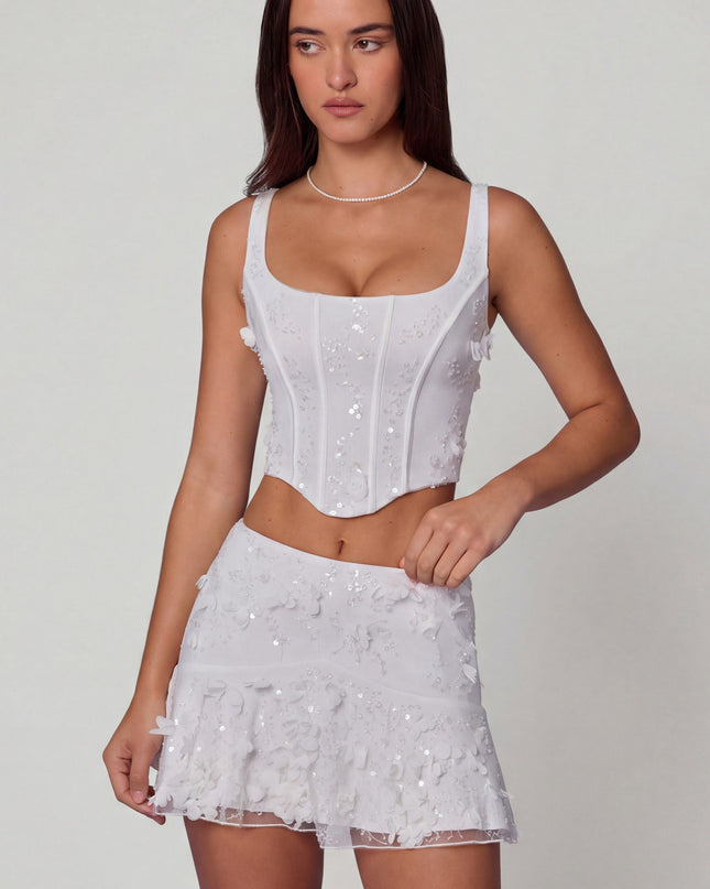 White Embellished Lace-Up Corset Top