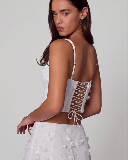 White Embellished Lace-Up Corset Top