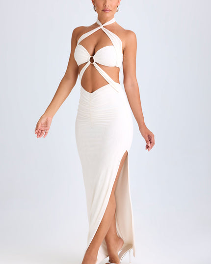 White Cut-Out Ruched Halterneck Maxi Dress
