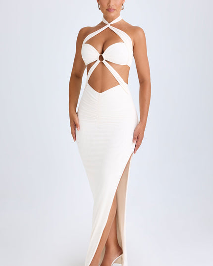 White Cut-Out Ruched Halterneck Maxi Dress