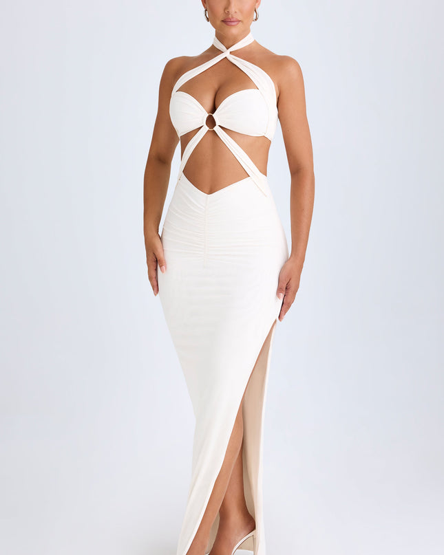 White Cut-Out Ruched Halterneck Maxi Dress