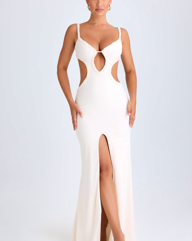 White Ruffle-Appliqué Cut-Out Maxi Dress