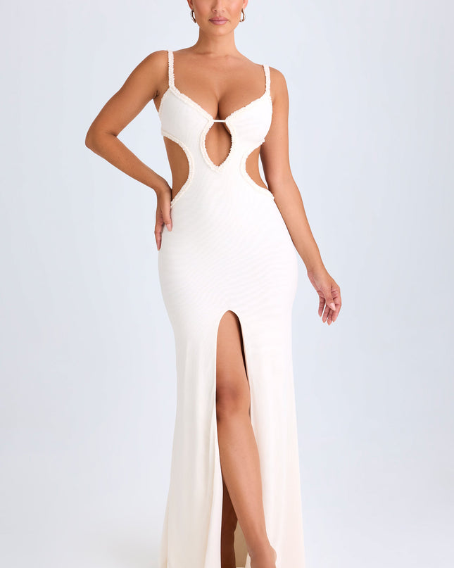 White Ruffle-Appliqué Cut-Out Maxi Dress