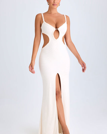 White Ruffle-Appliqué Cut-Out Maxi Dress
