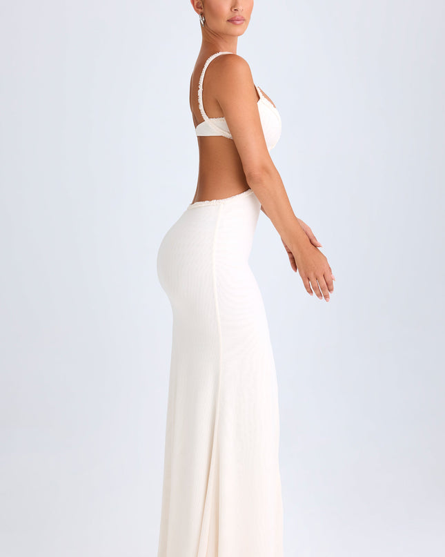 White Ruffle-Appliqué Cut-Out Maxi Dress