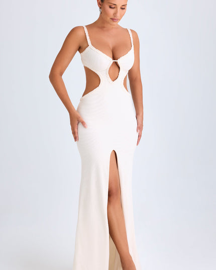 White Ruffle-Appliqué Cut-Out Maxi Dress