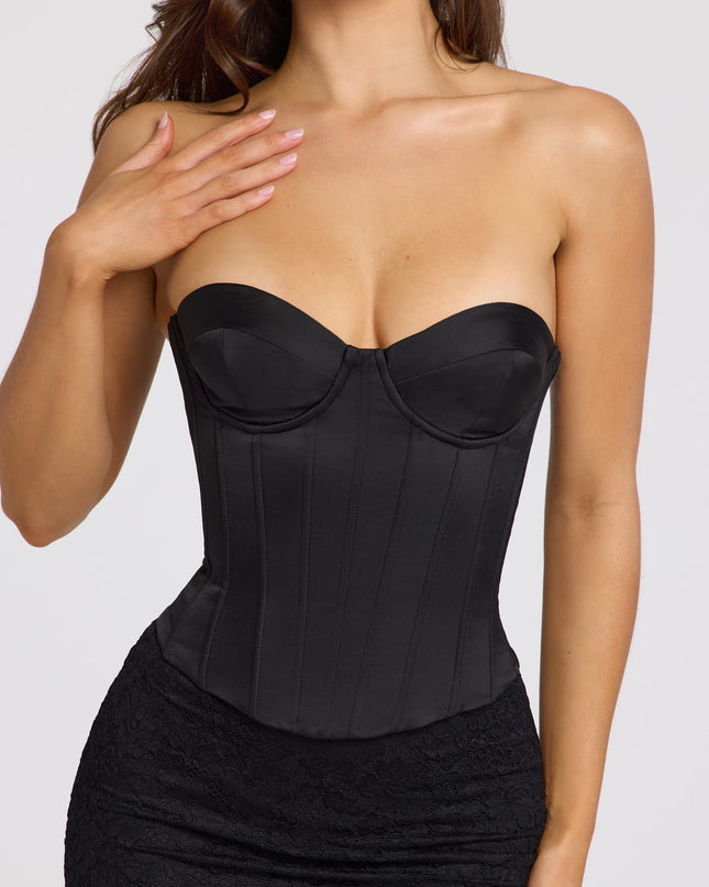 Black Satin Lace-Up Corset Top