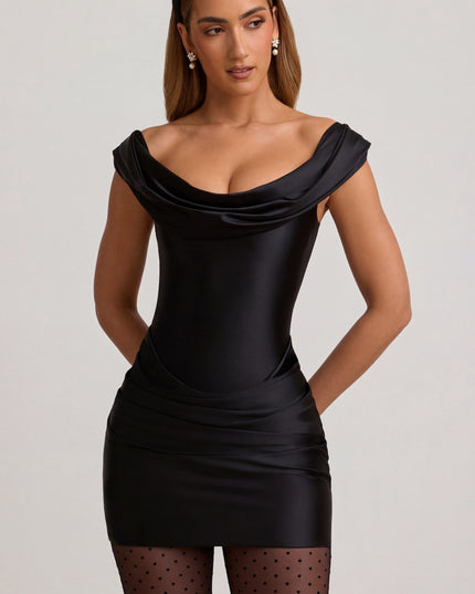 Black Satin Off-Shoulder Draped Mini Dress