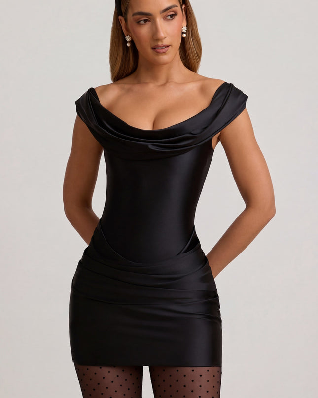 Black Satin Off-Shoulder Draped Mini Dress