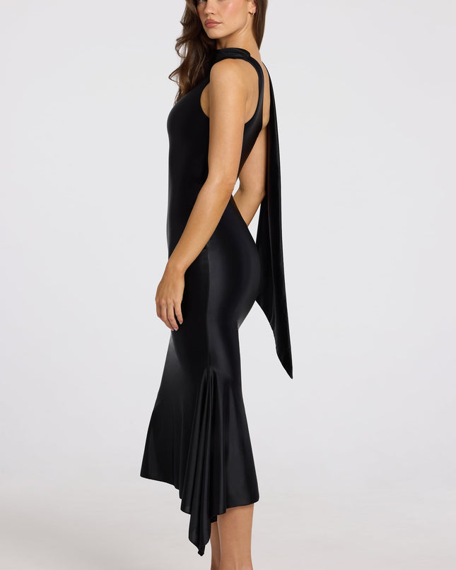 Black Asymmetric Scarf-Detail Midaxi Dress