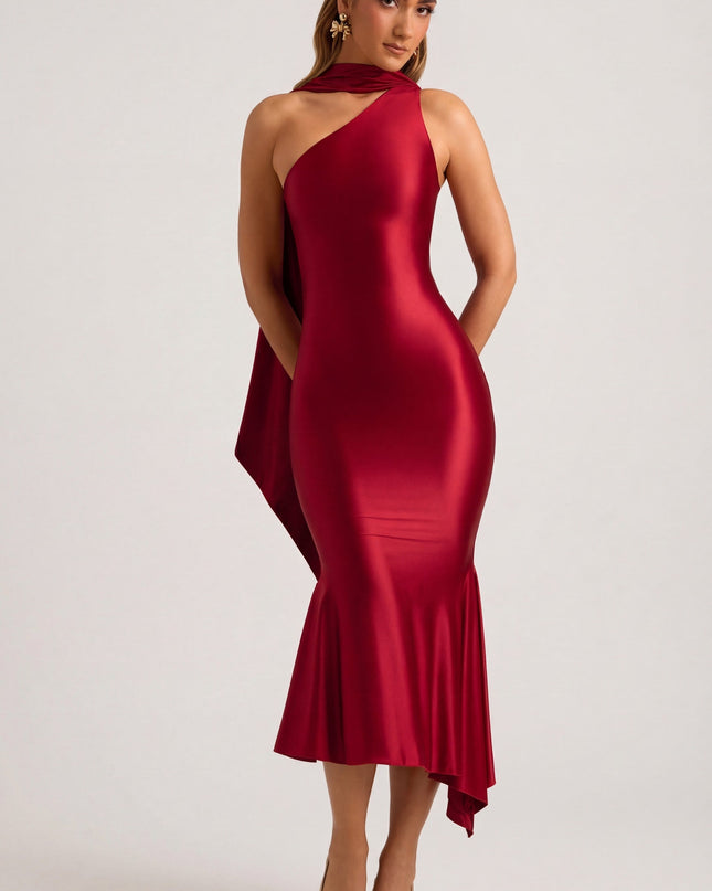 True Red Asymmetric Scarf-Detail Midaxi Dress