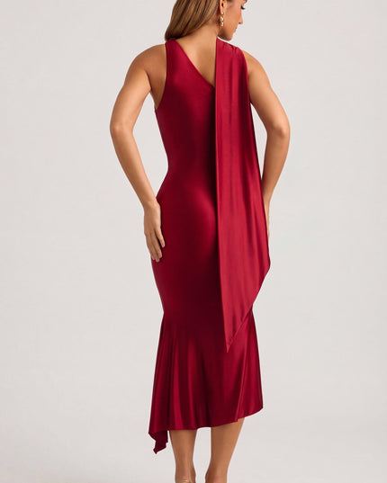 True Red Asymmetric Scarf-Detail Midaxi Dress